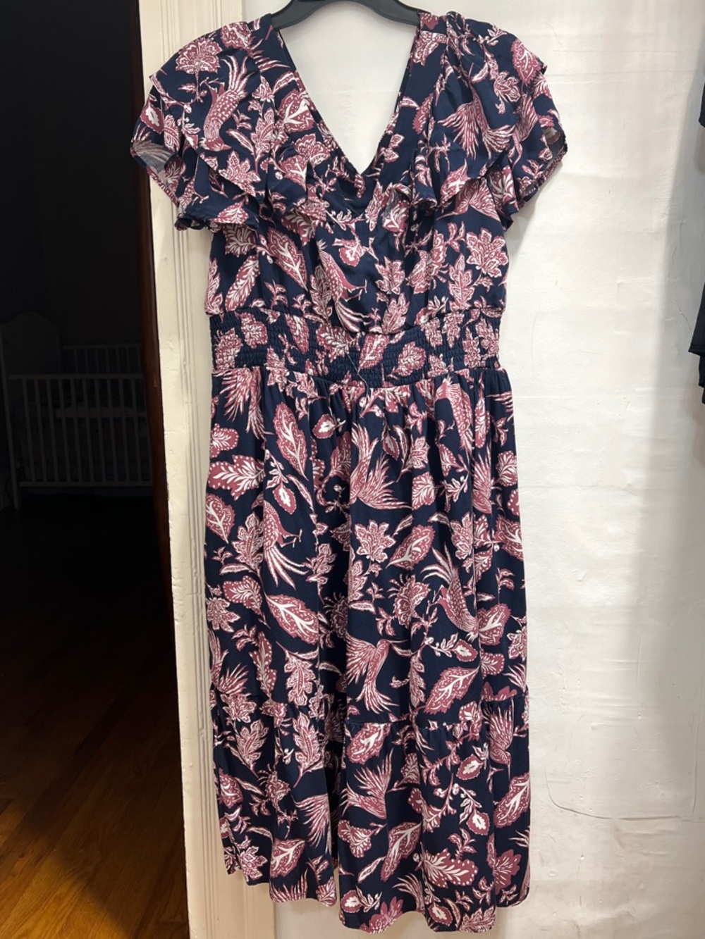 Navy & Pink Floral V-Neck Midi Dress